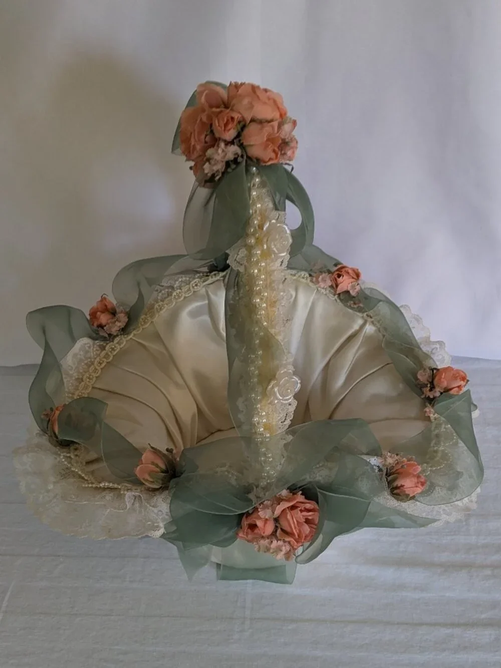 Handmade Lace Pearls Roses & Satin Wedding Baby Cheer Gift Basket